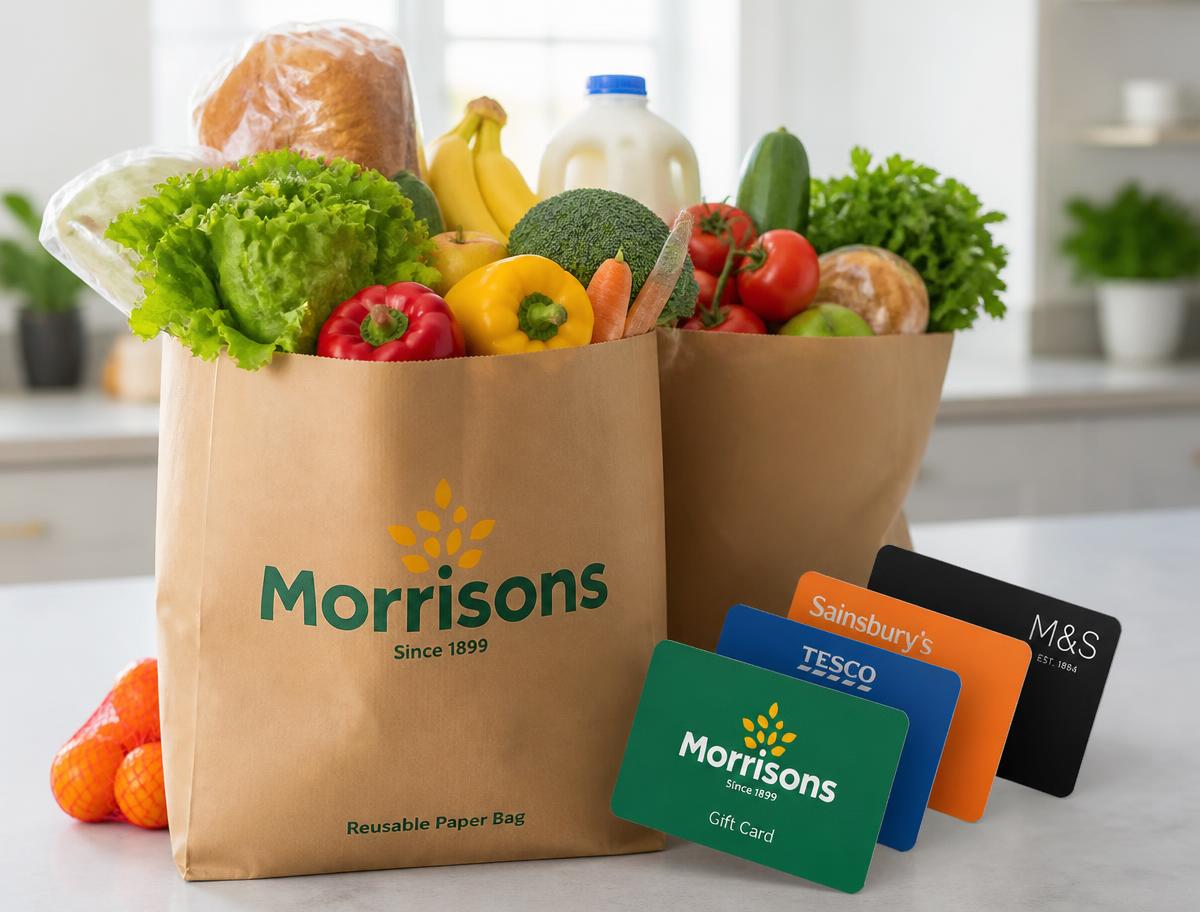 Paper grocery bags full of fresh food beside UK supermarket gift cards
